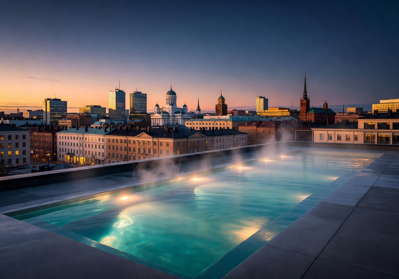 Heated infinity rooftop pool with Helsinki skyline