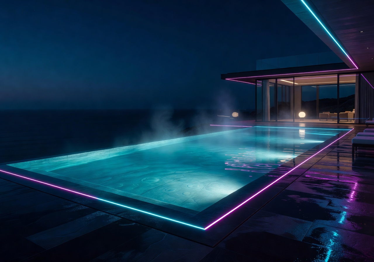 Luxury heated infinity pool at night with neon ambient lighting