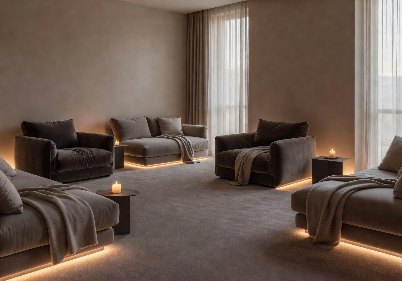 Relaxation lounge with calm ambient lighting