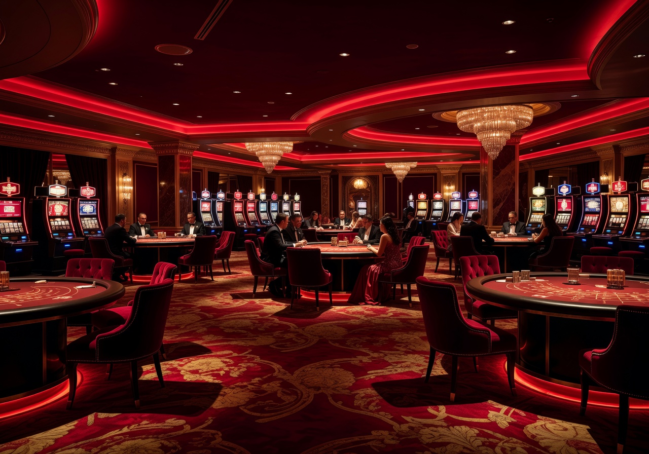Tekramoveply luxury casino floor with red ambient lighting
