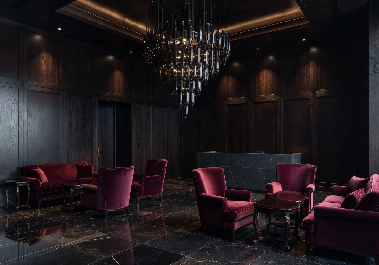 Tekramoveply luxury hotel lobby with dark elegant interior